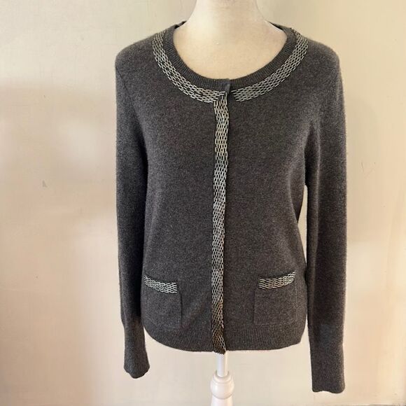 Bloomingdale's Sweaters - Bloomingdale’s gray cashmere beaded long sleeve cardigan Size M
